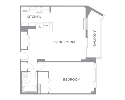 Floor plan for 1 bed, 1 bath, 725 sqft